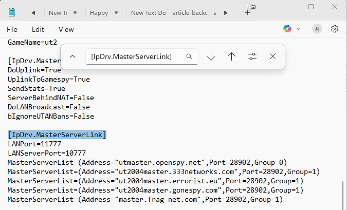 Updating the master server list in Windows Notepad.