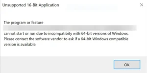 Trying to run an unsupported 16 bit app in Windows 11.